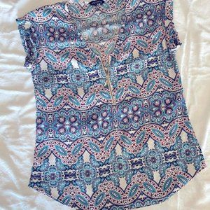 Express Paisley Silky Zip Front V-Neck Gramercy Top / Blouse, Size Medium